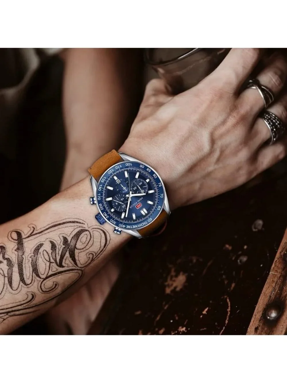 Men's Brown And Blue Analog Quartz Waterproof Chronograph Stylish Casual Watch